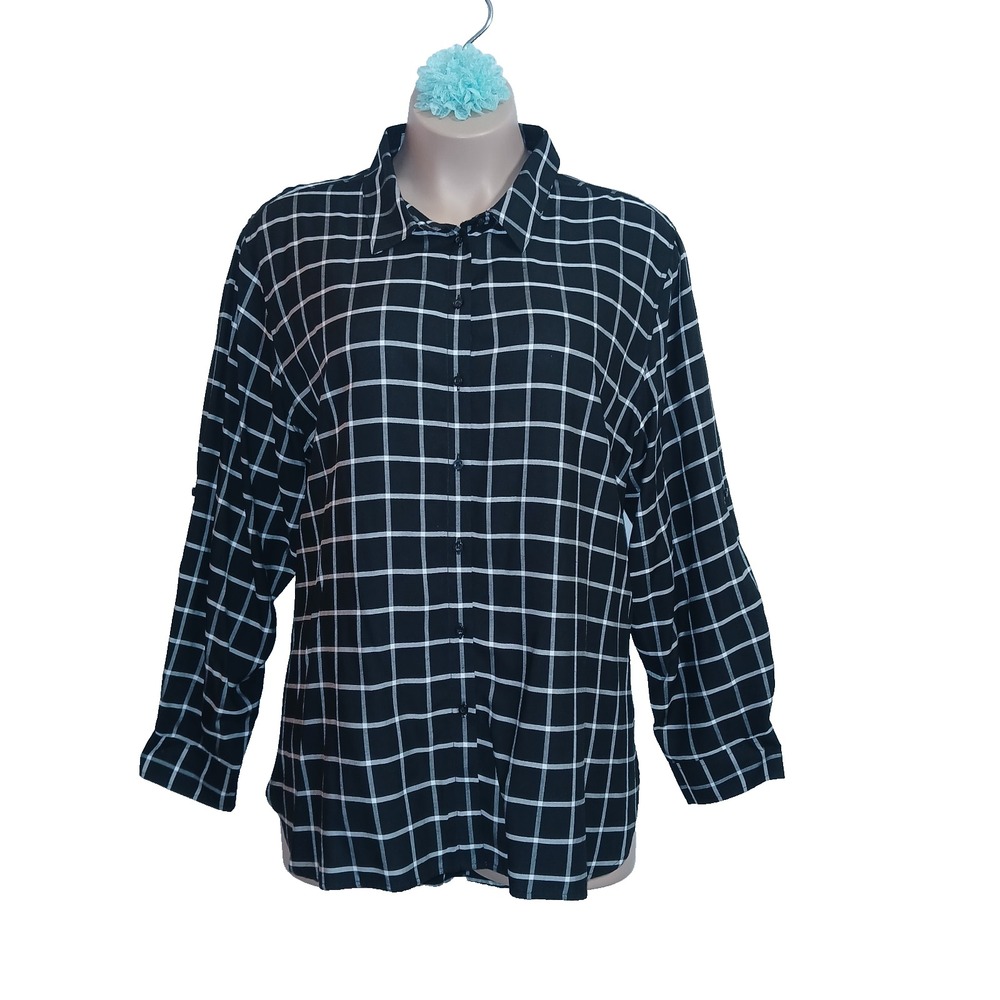Calvin Klein Women Button Up Shirt Top 2X Black White Grid Classic Roll Tab Long